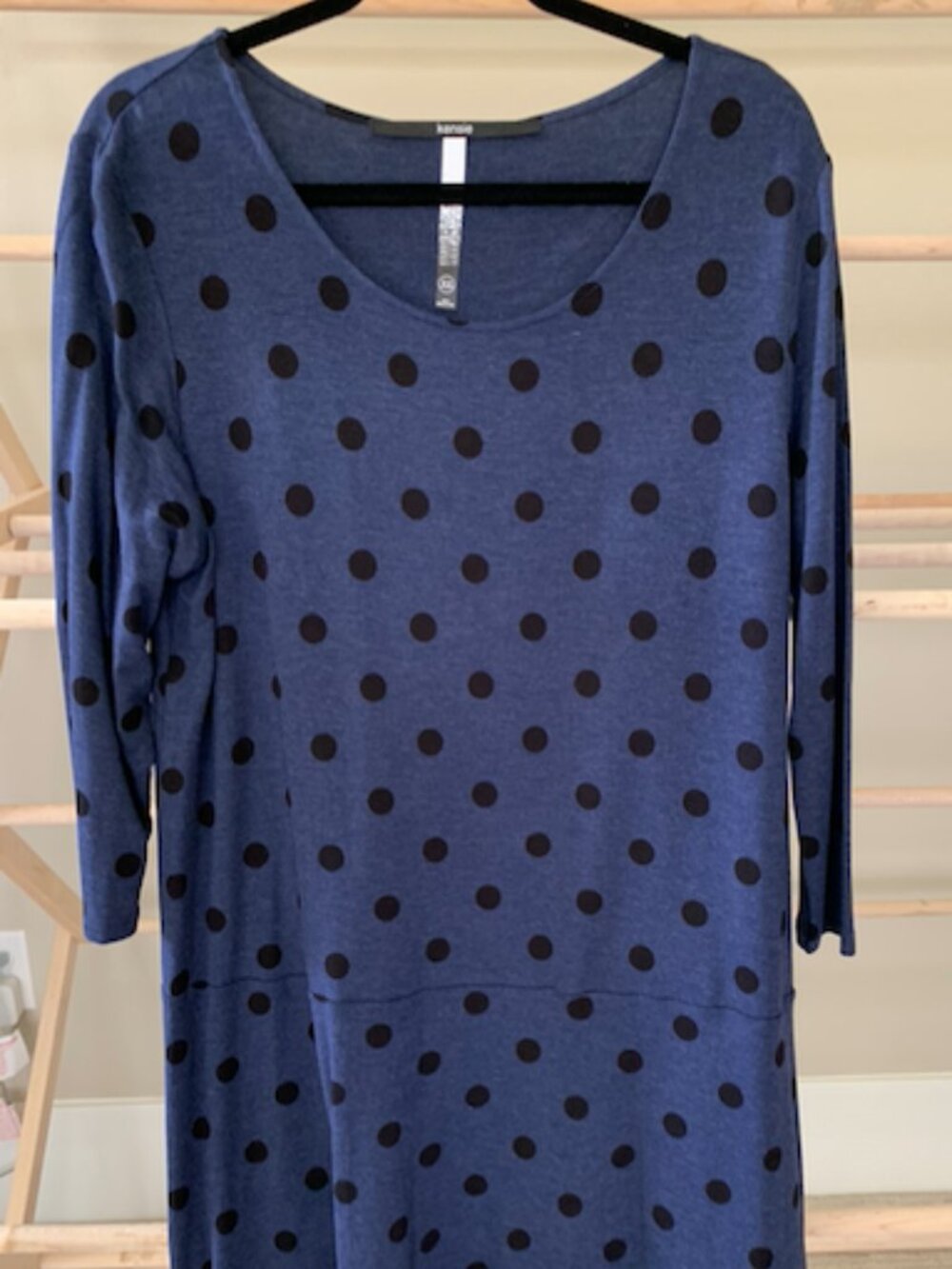 Kensie Women XL Blue Black Polka Dot Scoop Neck Long Sleeve Shift Dress